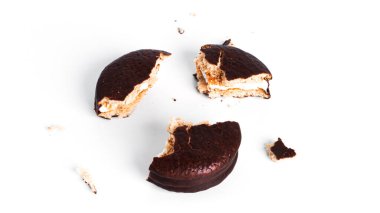 Chocolate dessert chocopie isolated on white background. Chocolate sponge cake. Chocolate cookies.