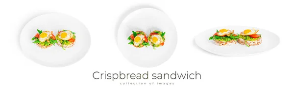 Crispbread sandwich with guacamole, arugula, tomatoes and quail egg isolated on a white background. Bruschetta with avocado. Healthy breakfast. —  Fotos de Stock