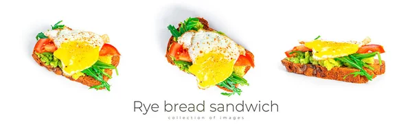 Rye bread sandwich with guacamole, arugula, tomatoes and quail egg isolated on a white background. Bruschetta with avocado. Healthy breakfast. — Fotografia de Stock