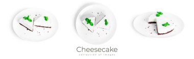 Cheesecake beyaz arka planda izole edilmiş. Tabakta cheesecake.
