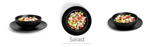 Salată cu creveți, roșii feliate, ceapă și avocado izolate pe un fundal alb . — Fotografie, imagine de stoc