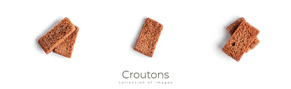 Croutons isolados sobre fundo branco. Croutons de centeio isolados. Croutons salgados. — Fotografia de Stock