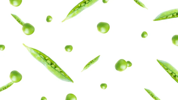 Guisantes verdes aislados sobre un fondo blanco. Guisantes verdes voladores. Caída de guisantes verdes. — Foto de Stock