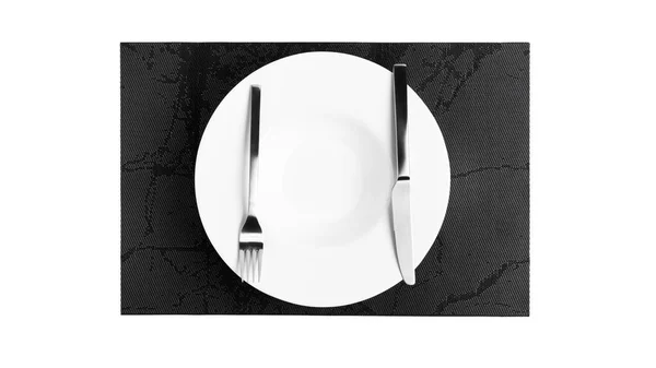 Sign language with cutlery. A plate with cutlery isolated on a white background. Plate, knife, fork on a white background. — Stock Photo, Image