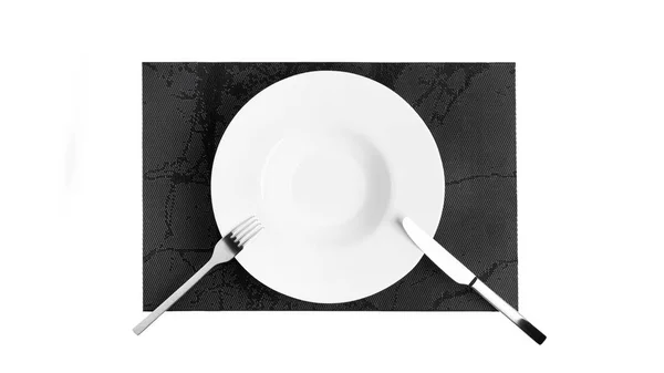 Língua gestual com talheres. Um prato com talheres isolado em um fundo branco. Placa, faca, garfo sobre um fundo branco. — Fotografia de Stock