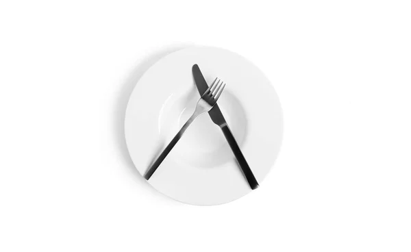 Sign language with cutlery. A plate with cutlery isolated on a white background. Plate, knife, fork on a white background. — Stock Photo, Image