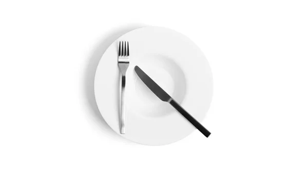 Zeichensprache mit Besteck. Ein Teller mit Besteck isoliert auf weißem Hintergrund. Teller, Messer, Gabel auf weißem Hintergrund. — Stockfoto