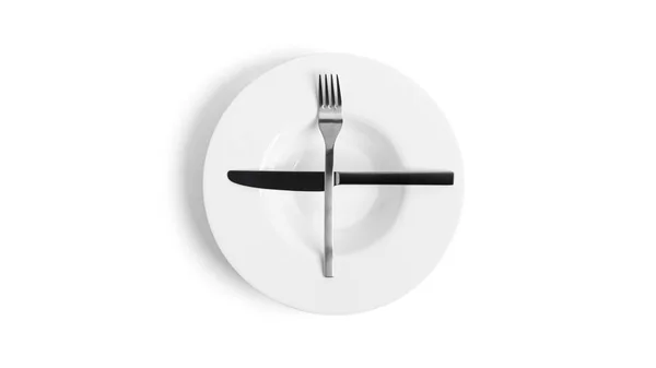 Sign language with cutlery. A plate with cutlery isolated on a white background. Plate, knife, fork on a white background. — Stock Photo, Image