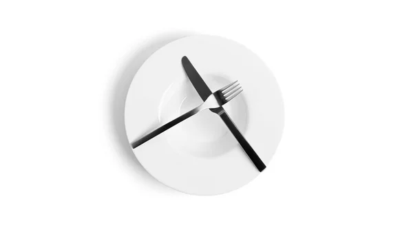 Sign language with cutlery. A plate with cutlery isolated on a white background. Plate, knife, fork on a white background. — Stock Photo, Image