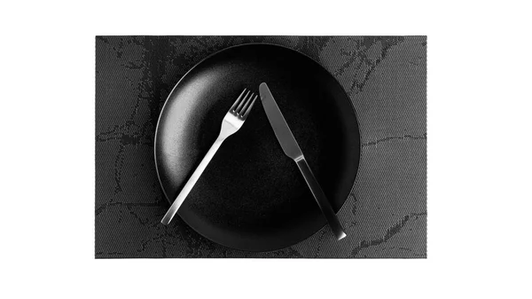 Sign language with cutlery. A plate with cutlery isolated on a white background. Plate, knife, fork on a white background. — Stock Photo, Image