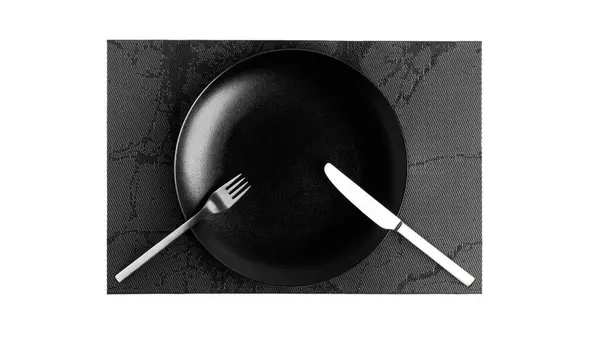 Sign language with cutlery. A plate with cutlery isolated on a white background. Plate, knife, fork on a white background. — Stock Photo, Image
