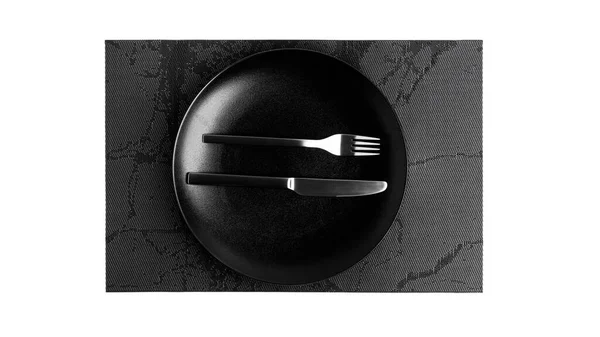 Zeichensprache mit Besteck. Ein Teller mit Besteck isoliert auf weißem Hintergrund. Teller, Messer, Gabel auf weißem Hintergrund. — Stockfoto