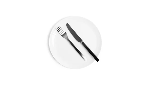 Sign language with cutlery. A plate with cutlery isolated on a white background. Plate, knife, fork on a white background. — Stock Photo, Image