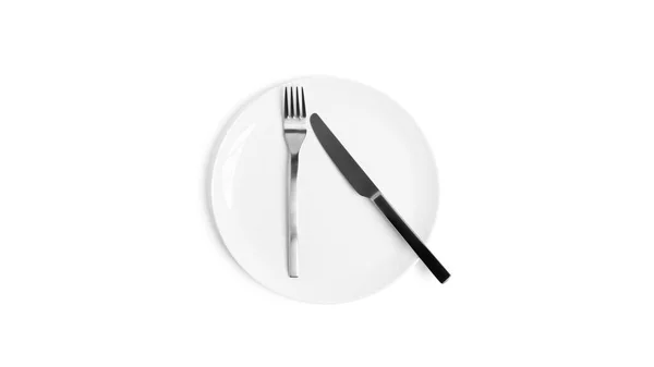 使用餐具的手语。餐盘，餐盘在白色背景上孤立的有餐具的盘子白底餐盘、刀叉、叉子. — 图库照片