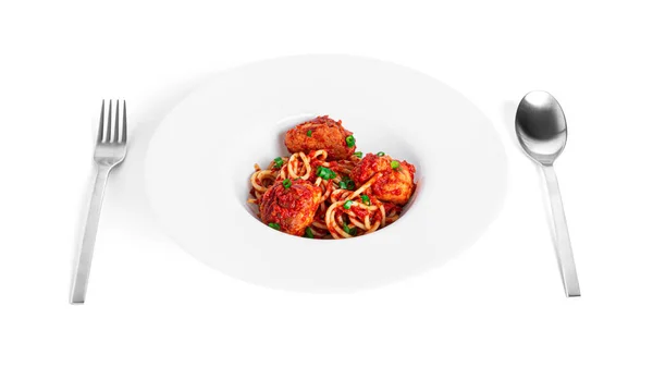 Spaghetti with meatballs in tomato sauce isolated on a white background. — Stock Photo, Image