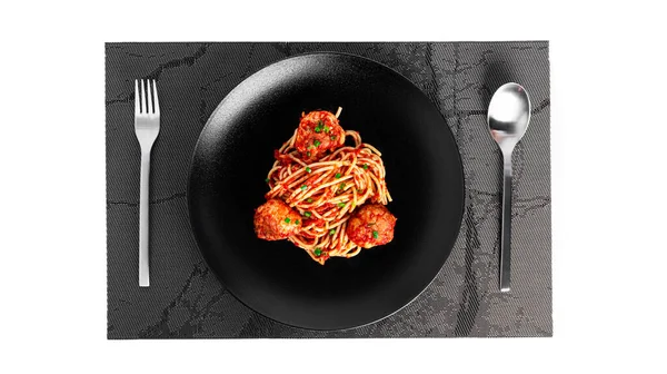 Espaguete com almôndegas em molho de tomate isolado em um fundo branco. — Fotografia de Stock