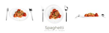 Beyaz arka planda izole edilmiş domates soslu köfteli spagetti..