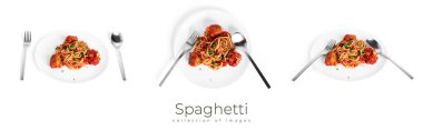 Beyaz arka planda izole edilmiş domates soslu köfteli spagetti..