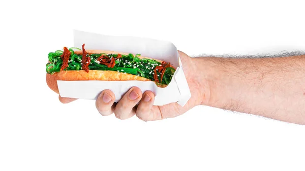 Hot dog in hand isolated on a white background. Fast food isolated. — Stock Photo, Image