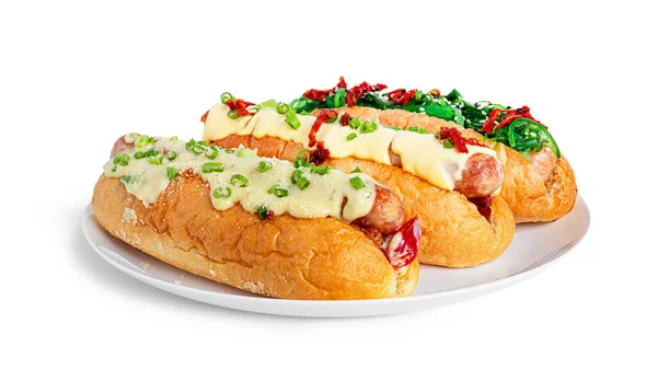 Hot dog isolated on a white background. Hot dogs with different fillings. Fast food isolated. — Stock Photo, Image