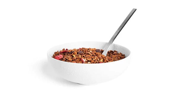 Granola aislada sobre un fondo blanco. Granola con chocolate y fresas. — Foto de Stock