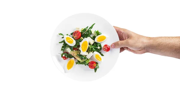 Rucola-Salat, Avocado, Kirschtomaten und Eier isoliert auf weißem Hintergrund. Grüner Salat. Vegetarischer Salat. — Stockfoto