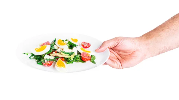 Beyaz arka planda roka, avokado, kiraz domates ve yumurta salatası. Yeşil salata. Vejetaryen salatası. — Stok fotoğraf