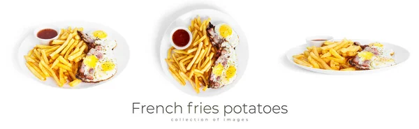 French fries potatoes with fried eggs isolated on a white background. Fried potaoes isolated. — Stock Photo, Image