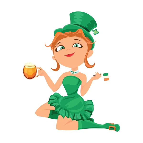 Leprechaun meisje met bier. — Stockvector