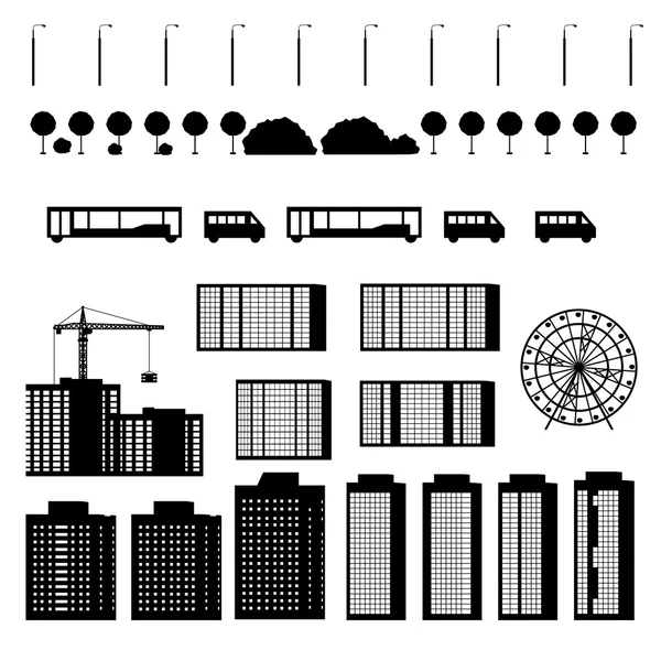 Ensemble de silhouettes bâtiments urbains isolés sur fond blanc . — Image vectorielle