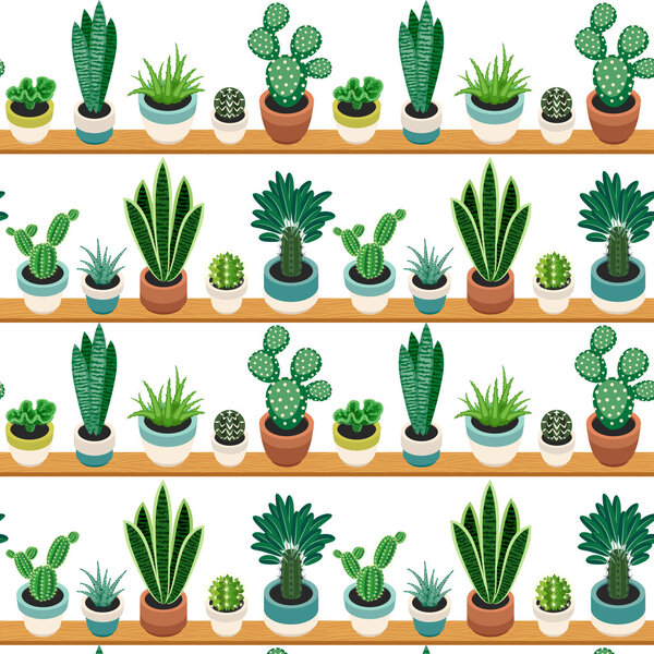 Бесшовный рисунок кактусов и соков в горшках
.