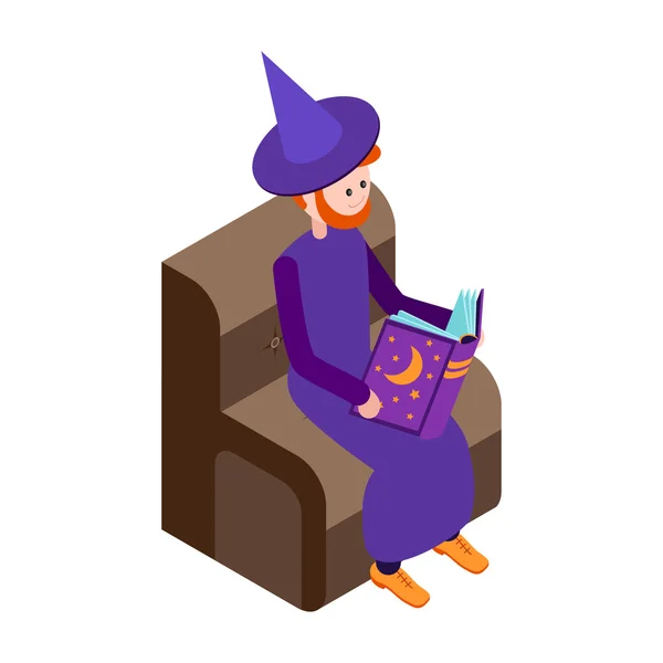 Netter Zauberer liest das Buch. — Stockvektor