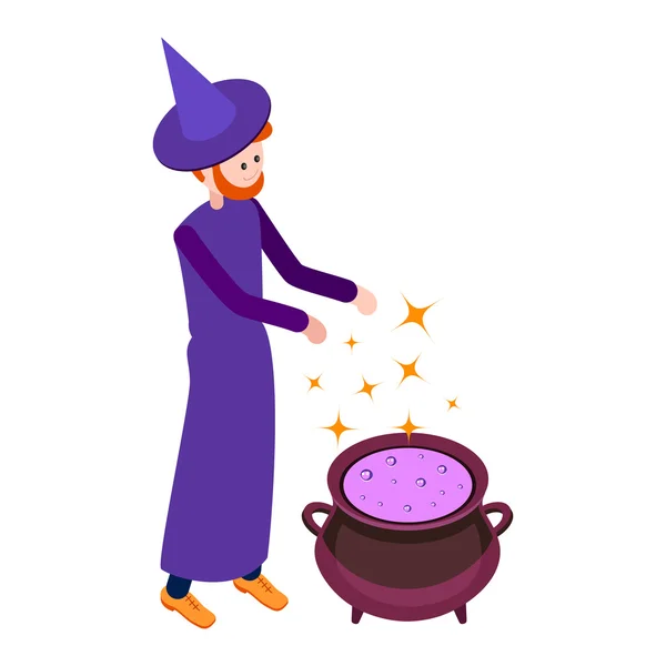 Netter Zauberer zaubert mit Zaubertrank über den Hexenkessel. — Stockvektor