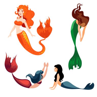 Beyaz arkaplanda izole edilmiş bir grup deniz kızı. 