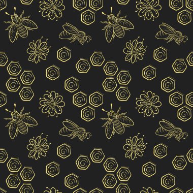 Arılar, çiçek ve petek seamless modeli.