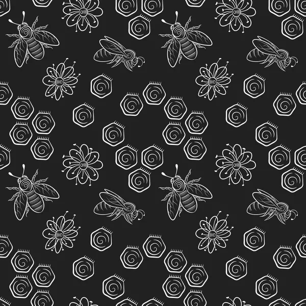 Modèle sans couture d'abeilles, de fleurs et de rayons de miel . — Image vectorielle