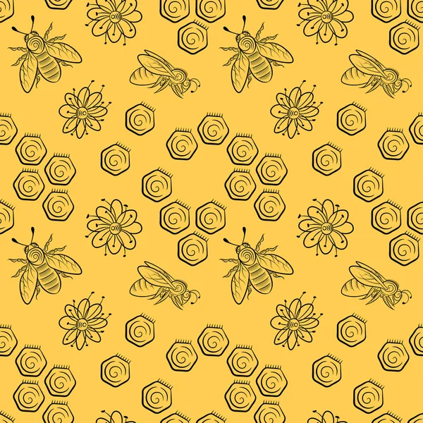 Modèle sans couture d'abeilles, de fleurs et de rayons de miel . — Image vectorielle