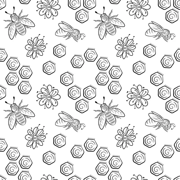 Modèle sans couture d'abeilles, de fleurs et de rayons de miel . — Image vectorielle