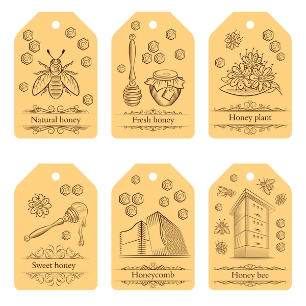 Set of labels with pots of honey, bees and flowers. — Stock Vector