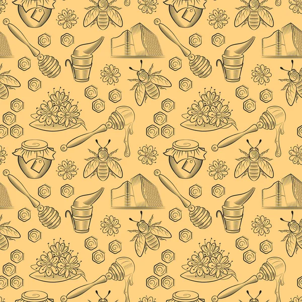 Nahtloses Muster mit Honigtöpfen, Bienen und Blumen. — Stockvektor