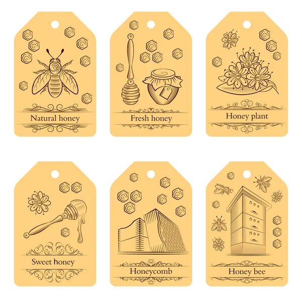Set of labels with pots of honey, bees and flowers. — Stock Illustration Set of labels with pots of honey, bees and flowers. Royalty Free Stock Vectors