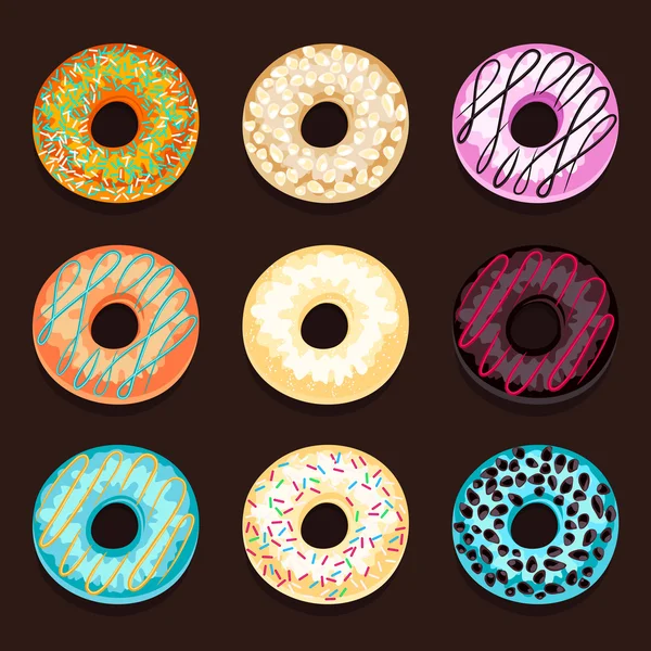 Set of donuts isolated on a brown background. — Stock Vector