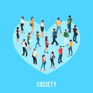 Toplumsal görüş kavramı. Benzeri bir kalp şeklinde ayakta duran iztrik bir kalabalık. Vektör illüstrasyonu.