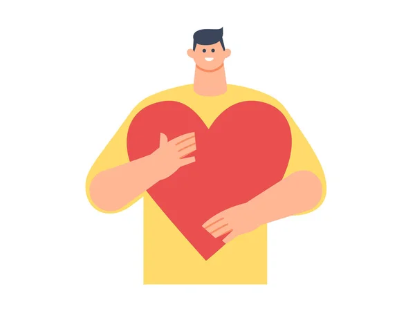 Jeune Homme Tenant Cœur Dans Ses Mains Concept Aide Charité — Image vectorielle