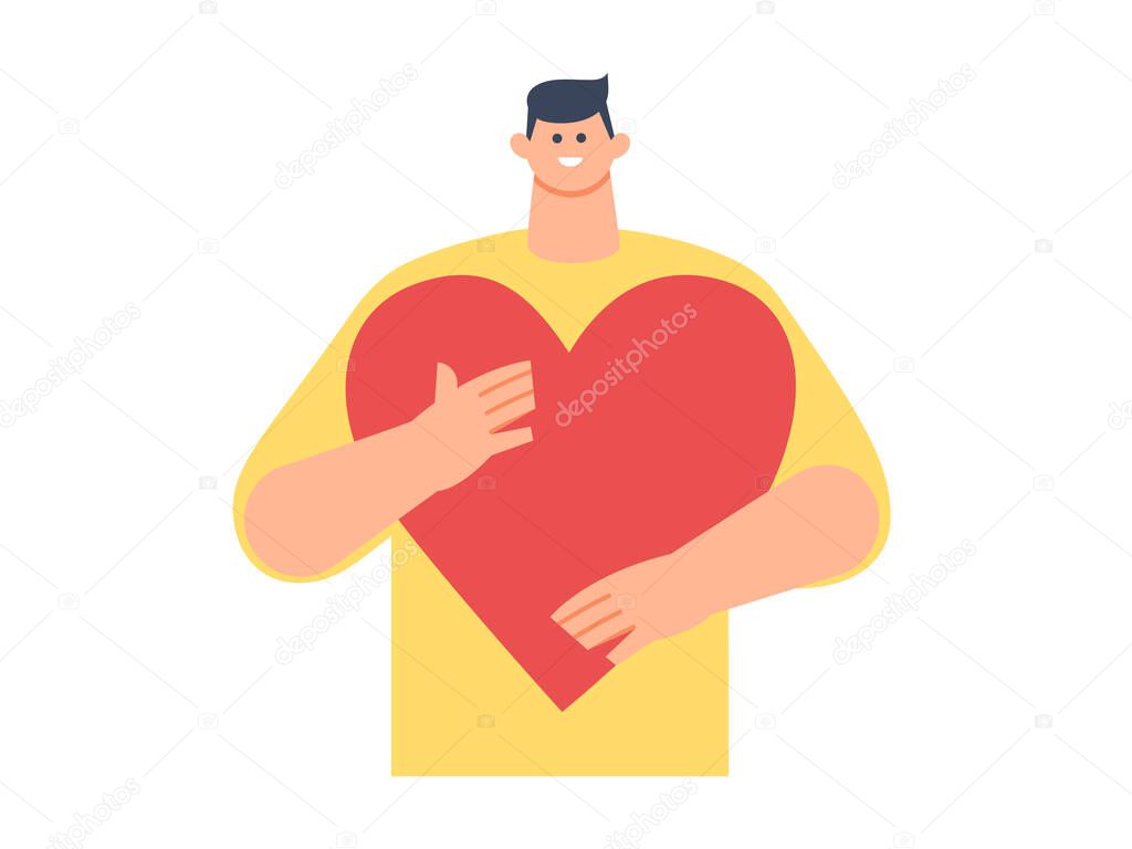 Young man holding a heart in his hands. Concept of help, charity, volunteering, mutual aid. Flat style. Vector illustration.
