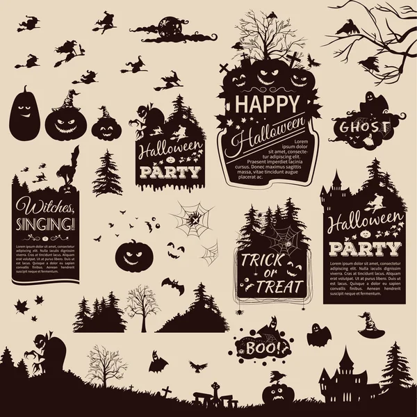 Colección de siluetas y pancartas para Halloween — Vector de stock