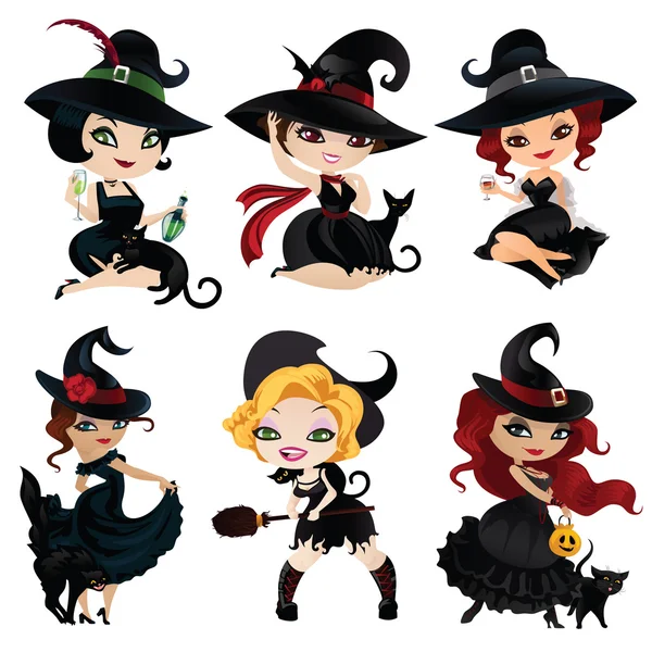 Set de 6 encantadoras brujas — Vector de stock