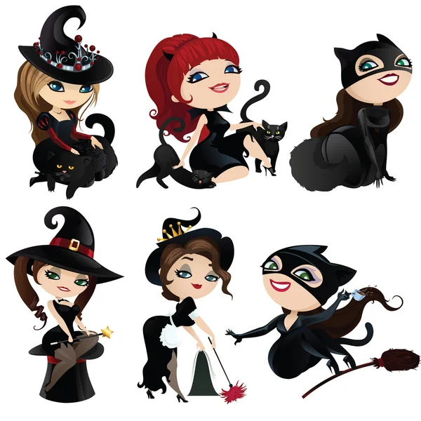 Conjunto de encantadoras brujas y gatos — Vector de stock