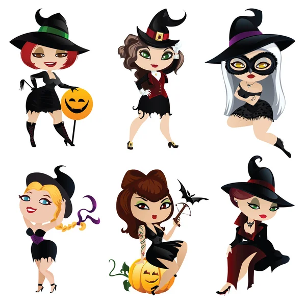 Set de 6 encantadoras brujas — Vector de stock