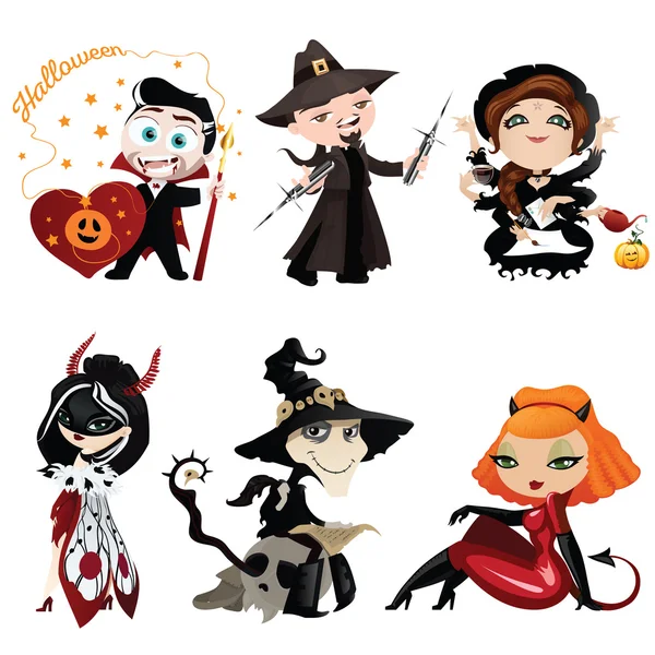 Ensemble de 6 personnages colorés sur Halloween — Image vectorielle